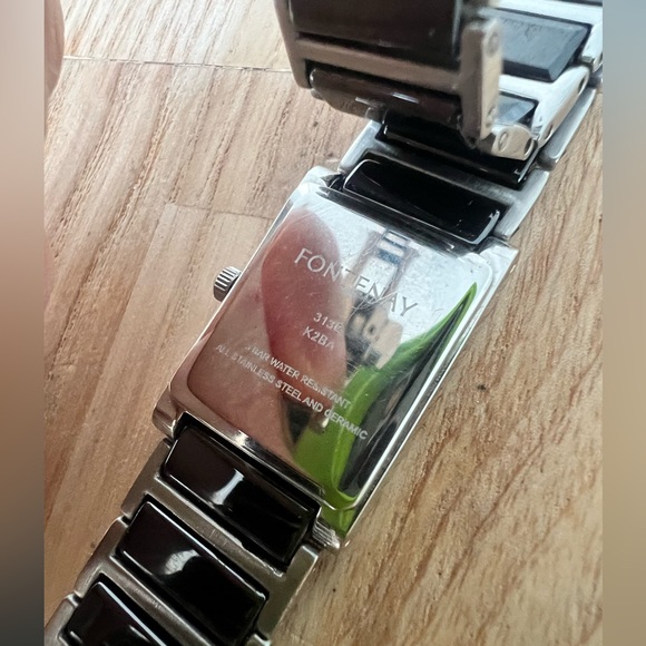 Fontenay Paris ladies rectangular silver tone black ceramic watch NEW BATTERY main image 6